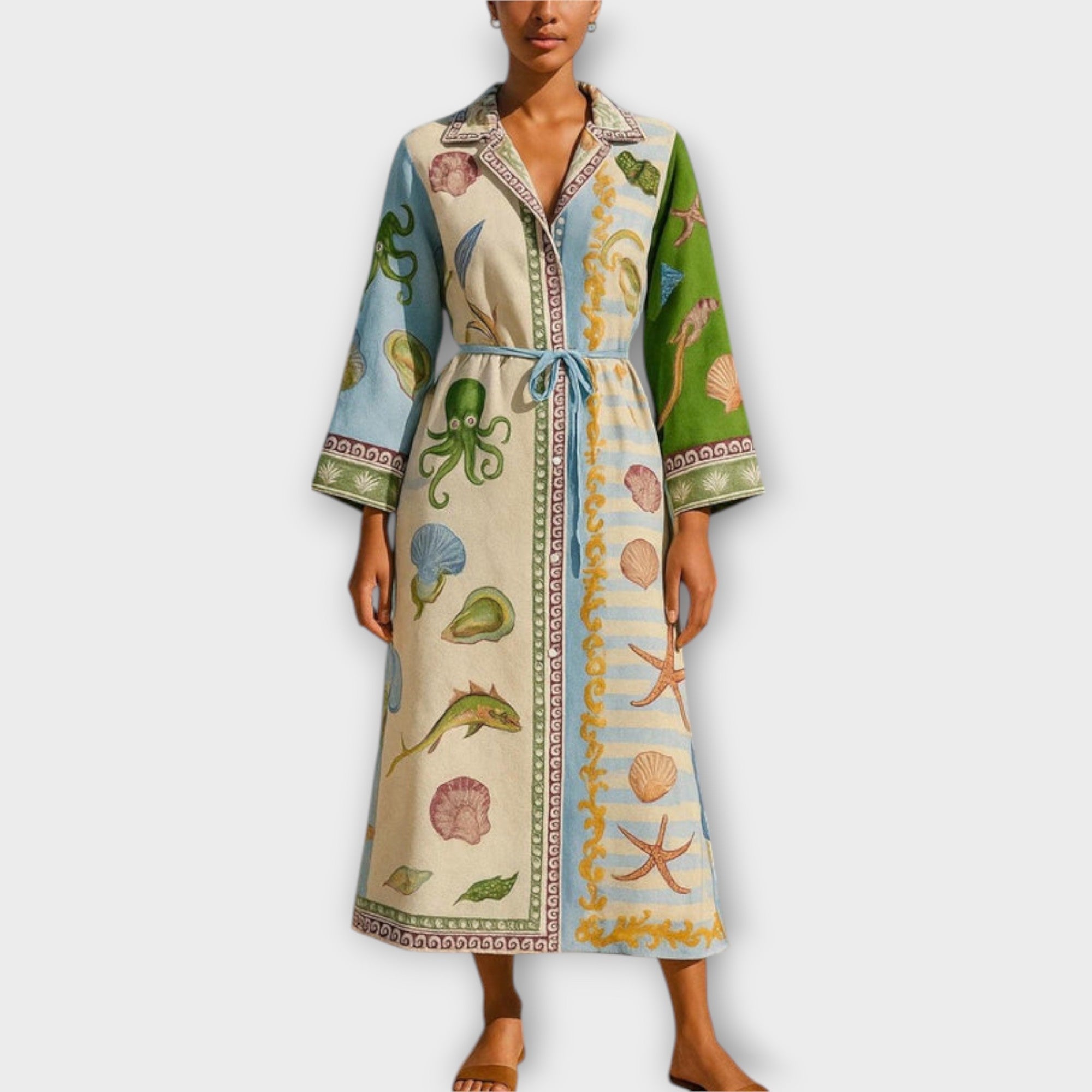 Jule - Sukienka midi z nadrukiem z tkaniny twill z paskiem