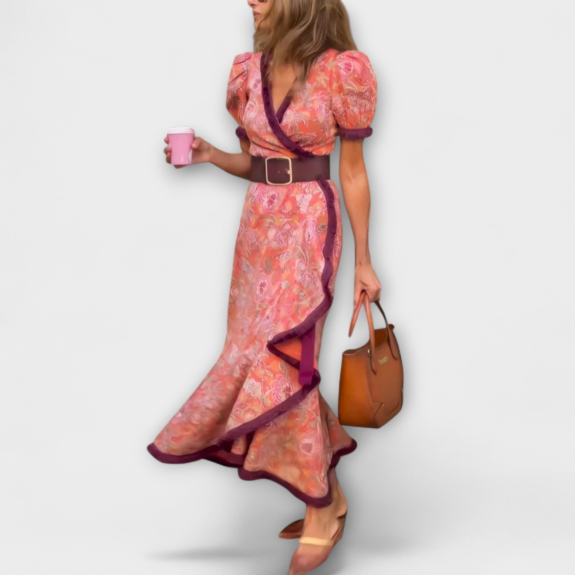 Robe longue rose élégante avec manches courtes
