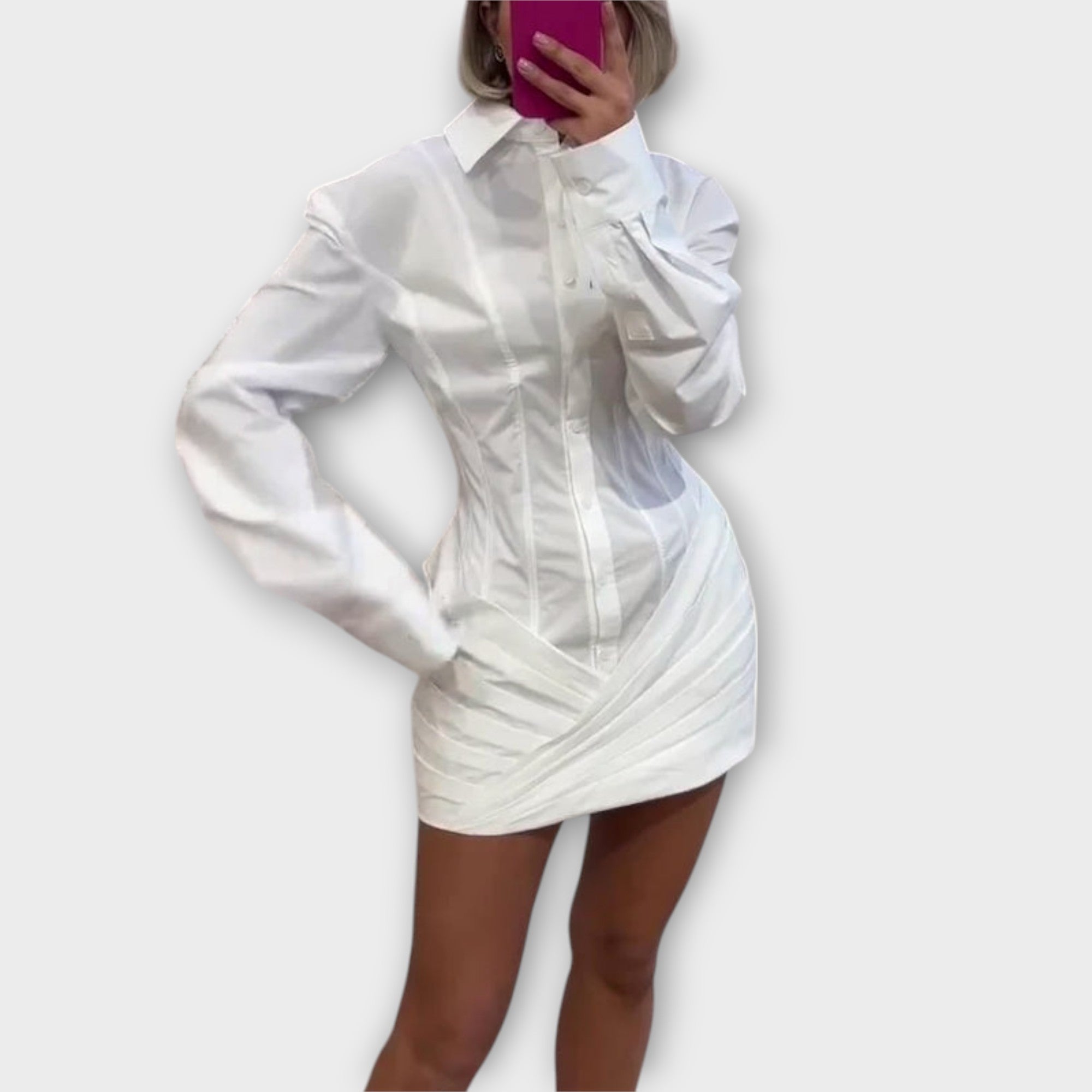 Indie - Robe chemise blanche plissée à manches longues