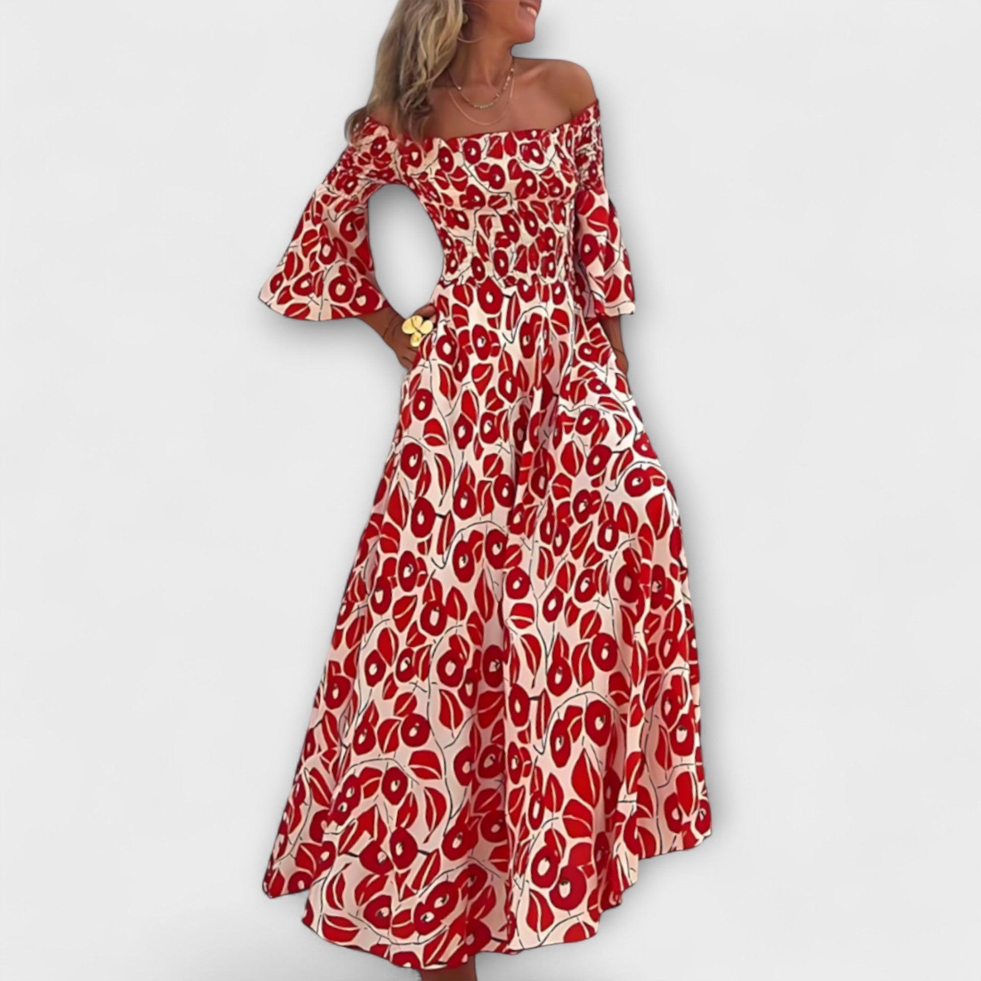 Bella - Robe à épaules dénudées avec fleurs océaniques