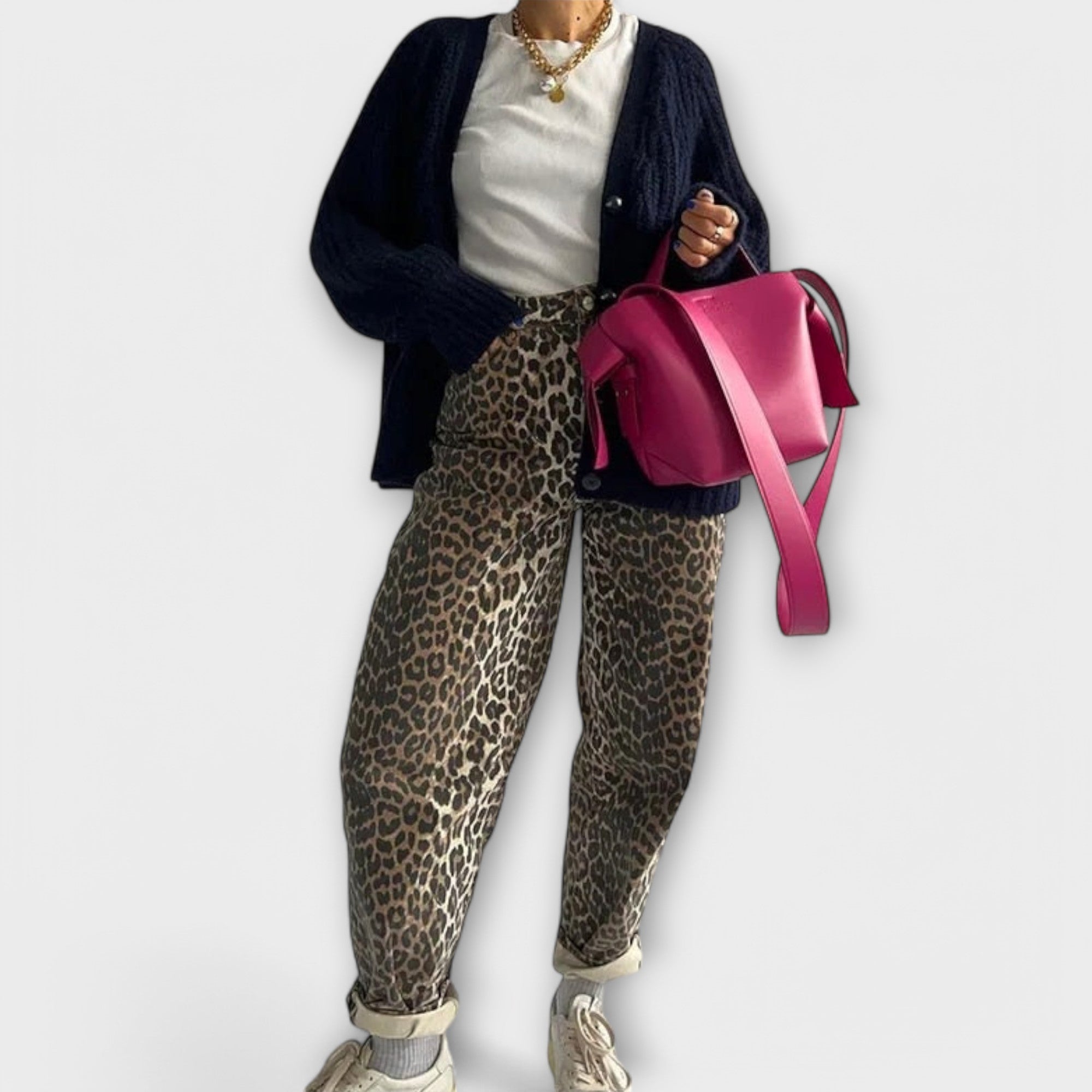 Chandra - Vintage jeans med leopardmønster