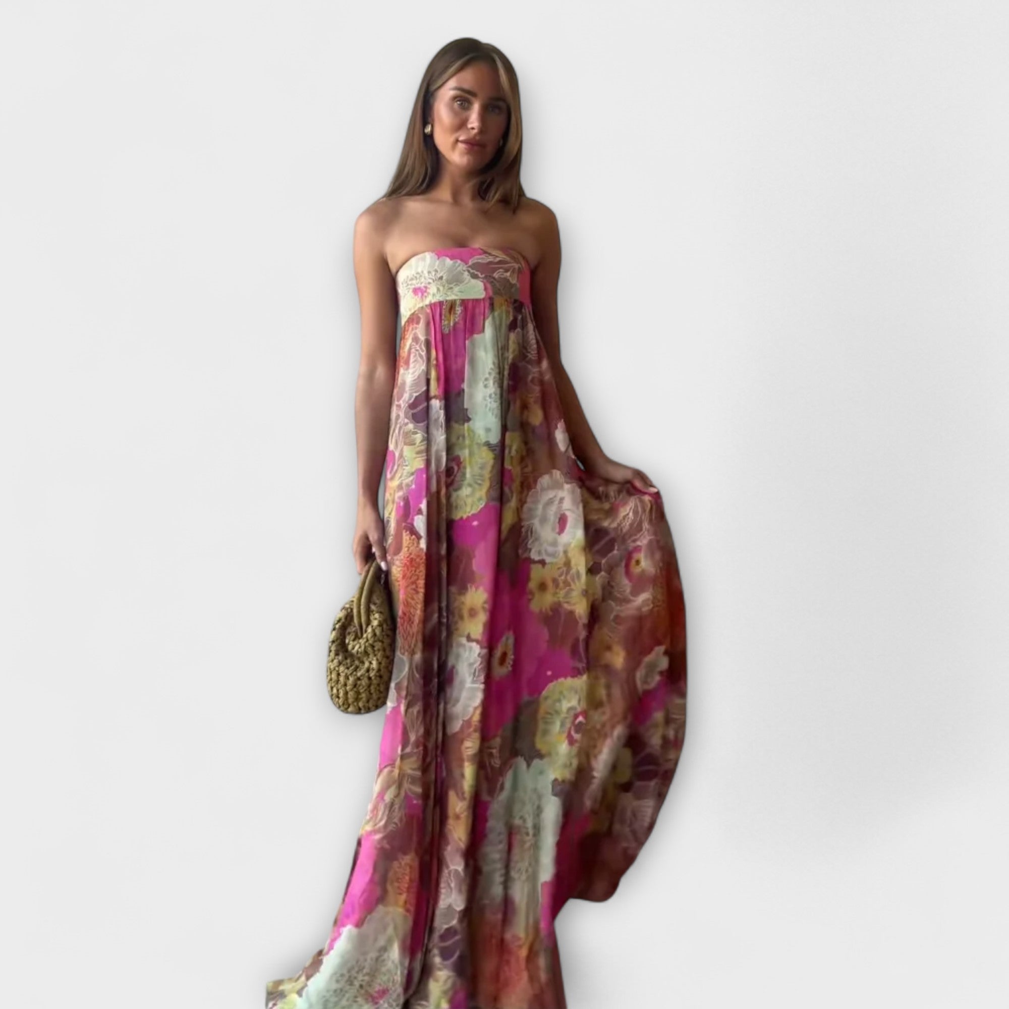 Robe maxi plissée rétro chic sans bretelles