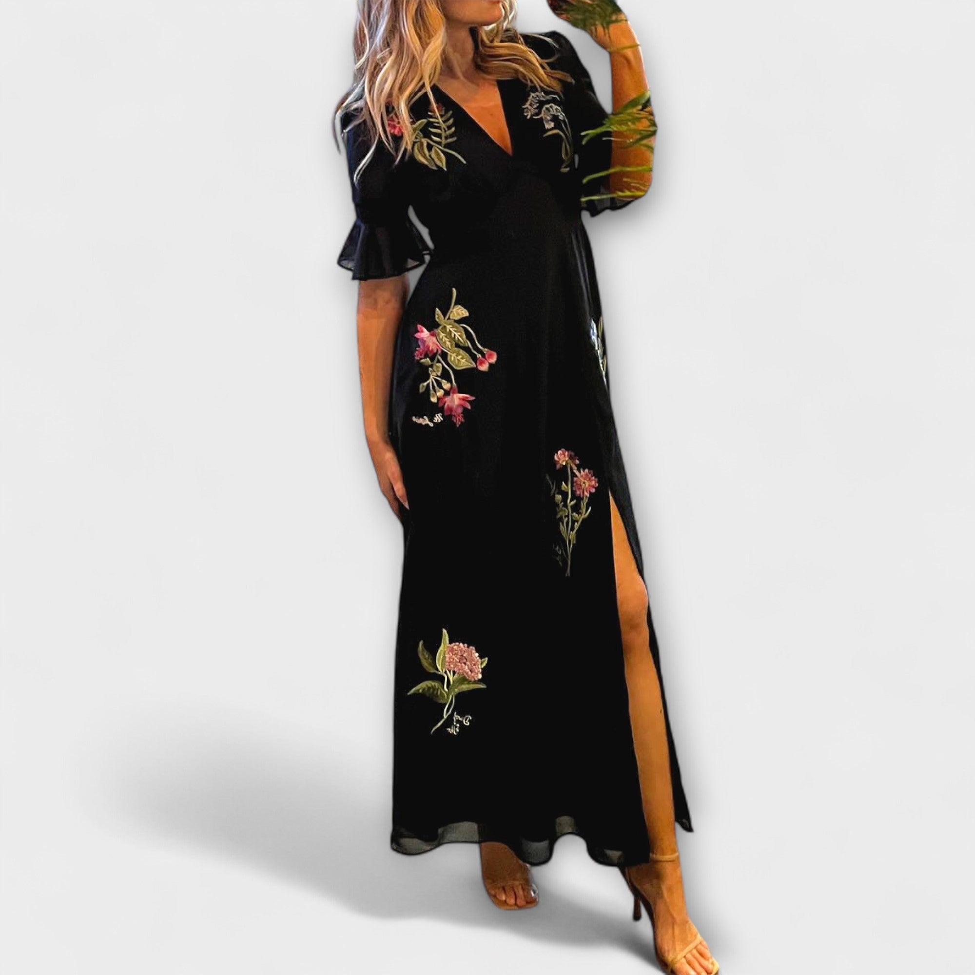 Beatrice - Robe élégante bleu marine avec broderie florale