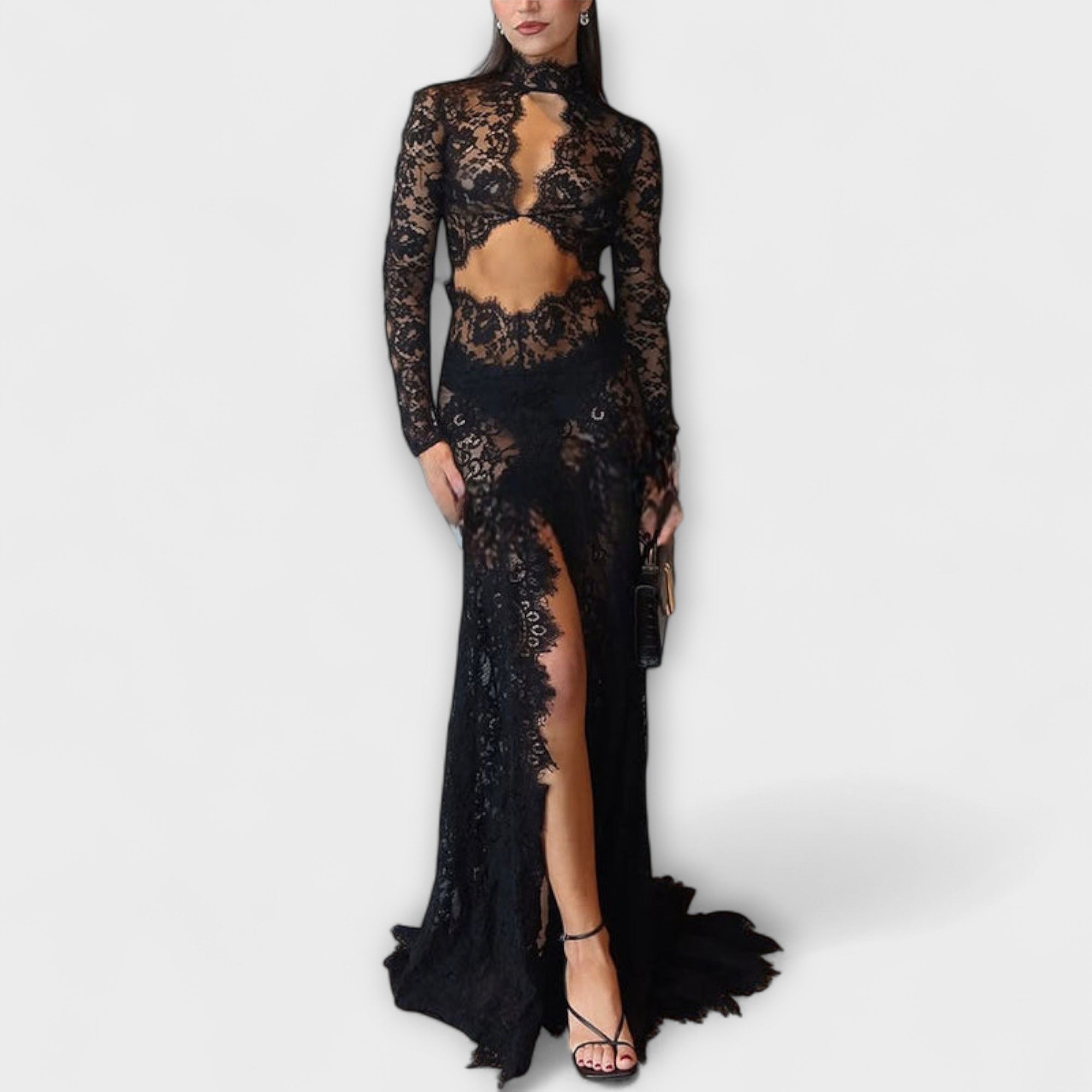 Azalea - Robe longue maxi stretch à manches longues avec découpe transparente Élégance de minuit