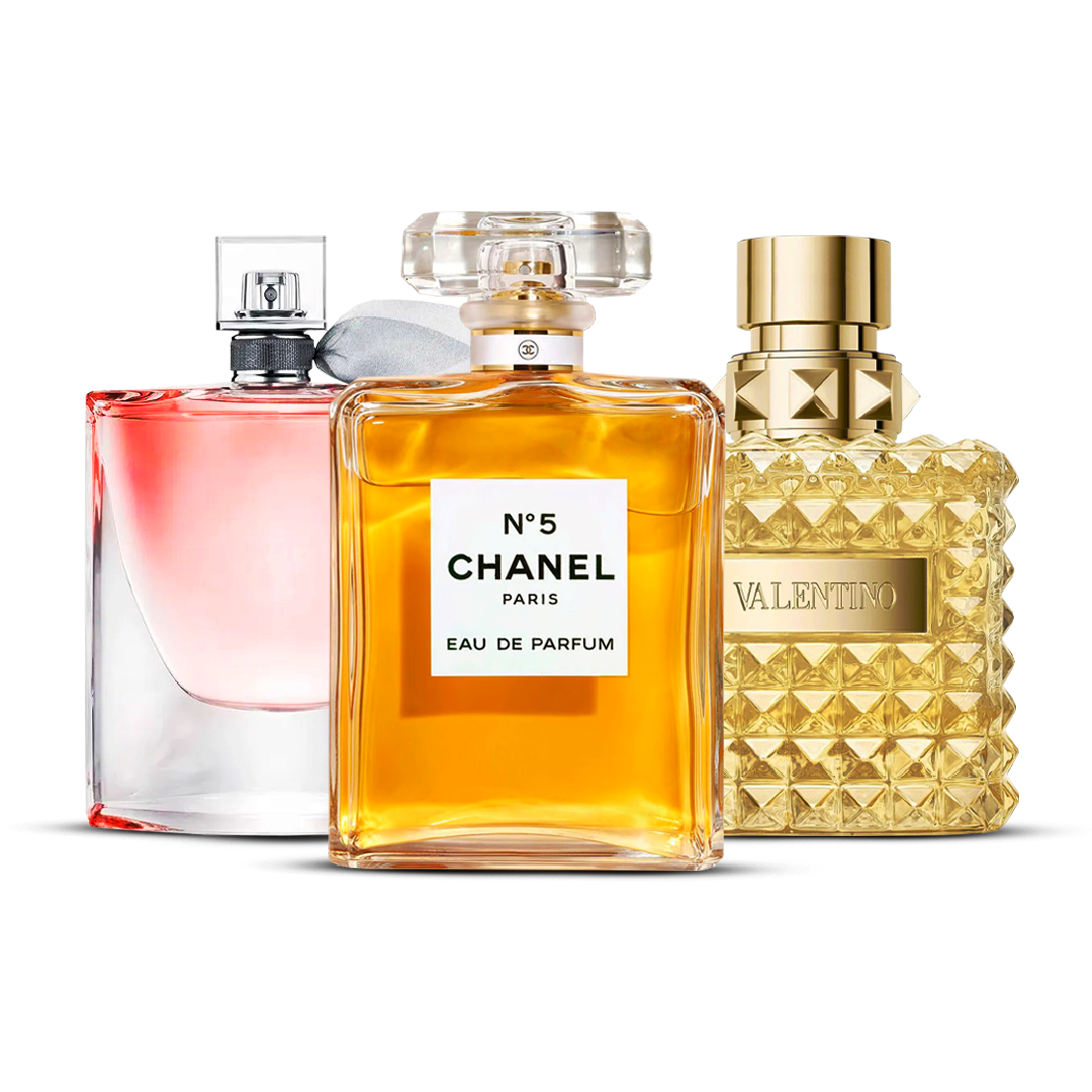 Kombination aus 3 Damendüften – La Vie Est Belle, Chanel Nº5 und Valentino Donna [100 ml jeweils]