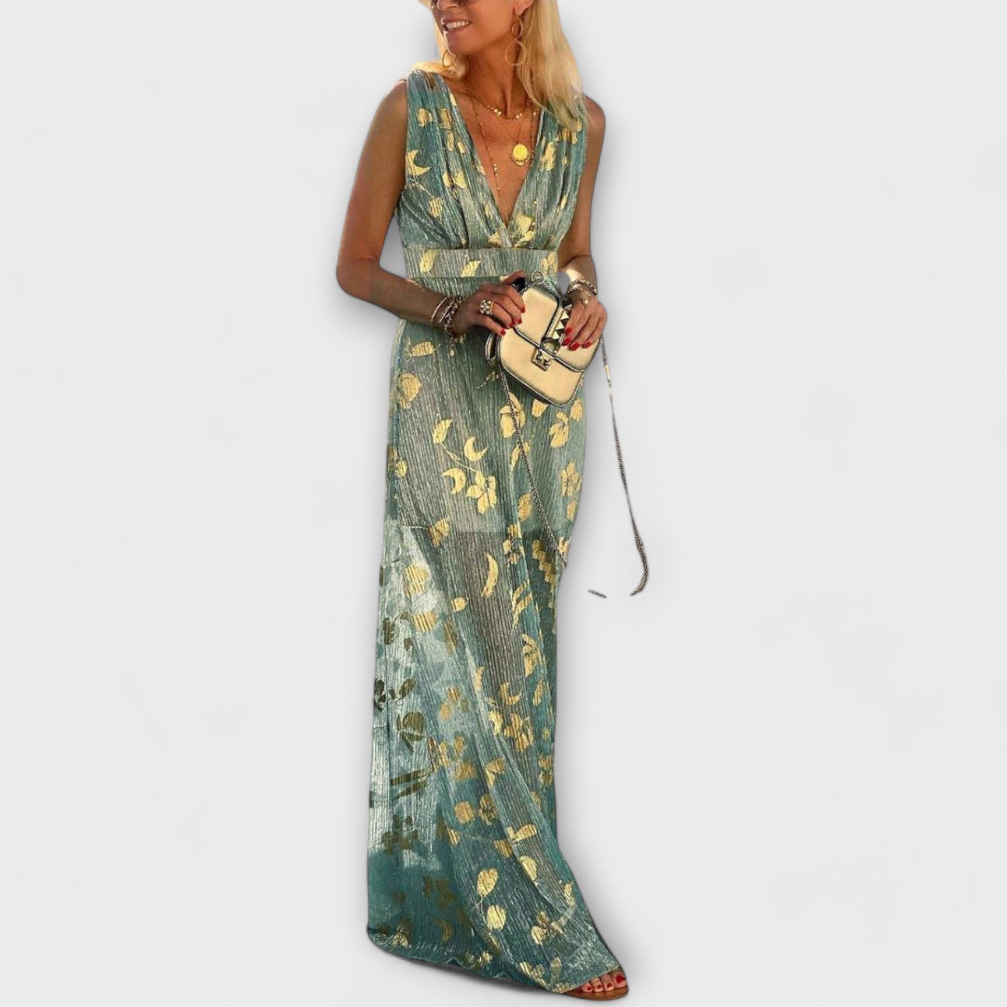 Robe fluide avec col en V et détails en sequins