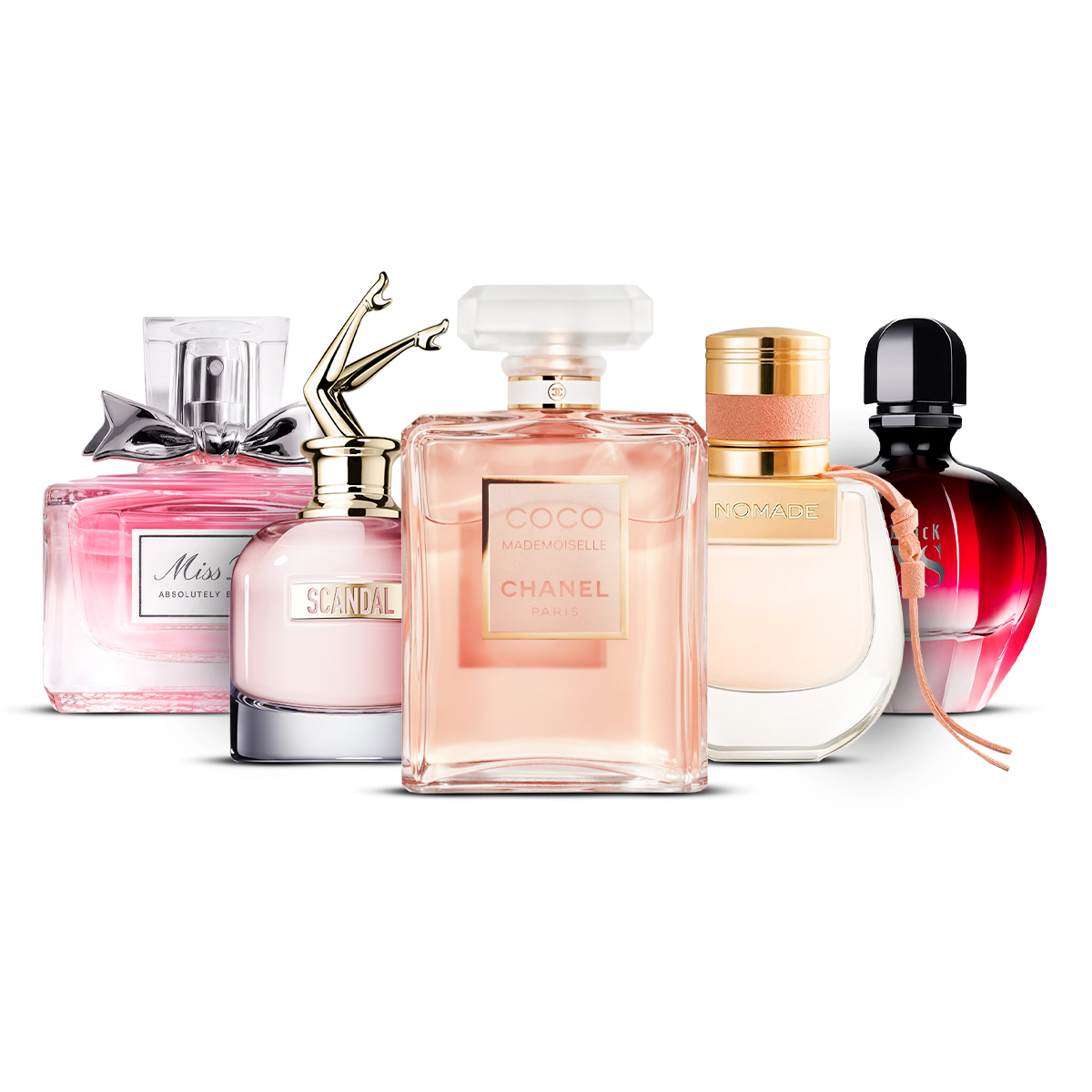 Combinaison de 5 parfums pour femmes - Miss Dior Absolutely Blooming, Scandal, Coco Mademoiselle, Nomade et Black XS [100 ml chacun]