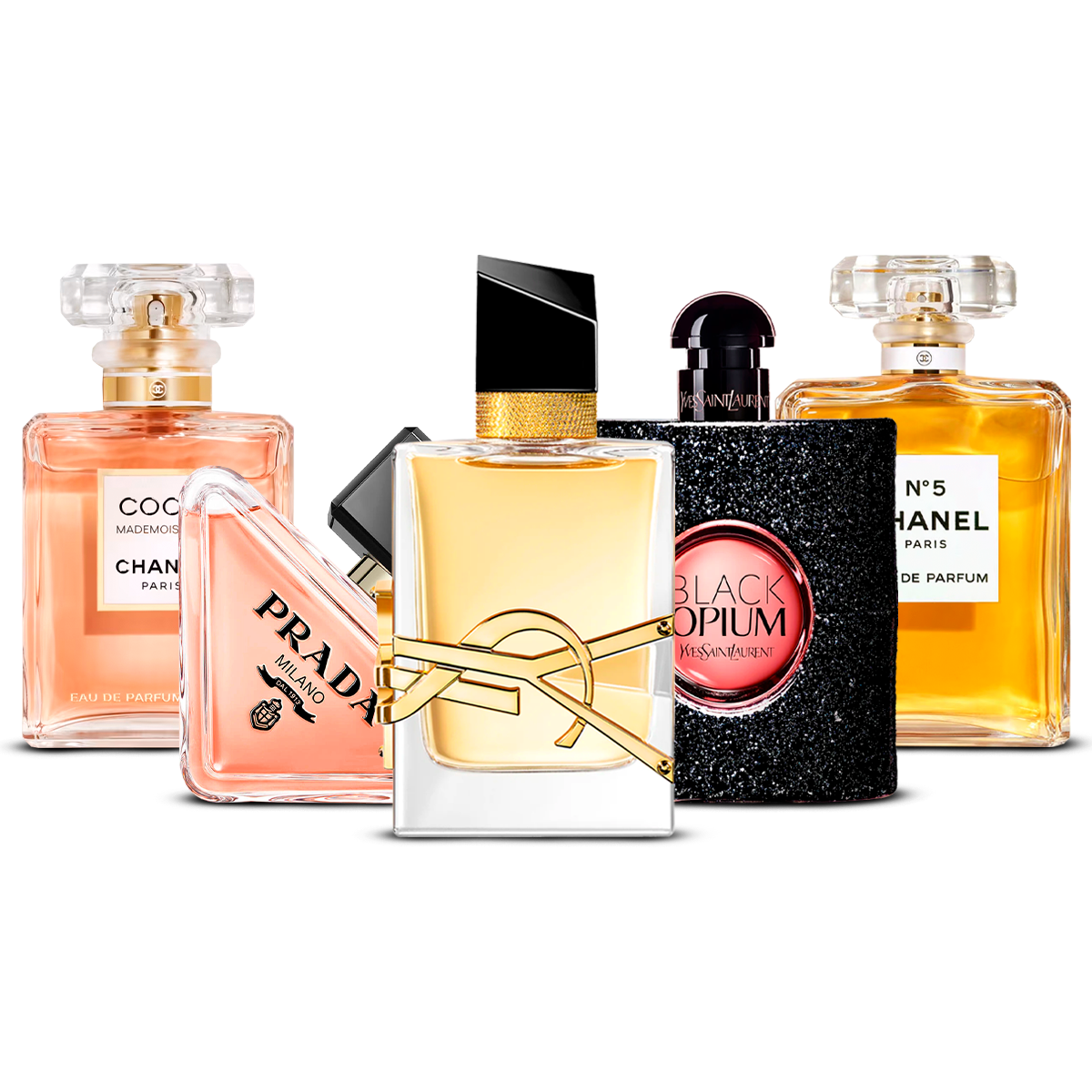 Combinaison de 5 parfums pour femmes – Coco Mademoiselle, Prada Paradoxe, Libre, Black Opium et Chanel N°5 [100 ml chacun]