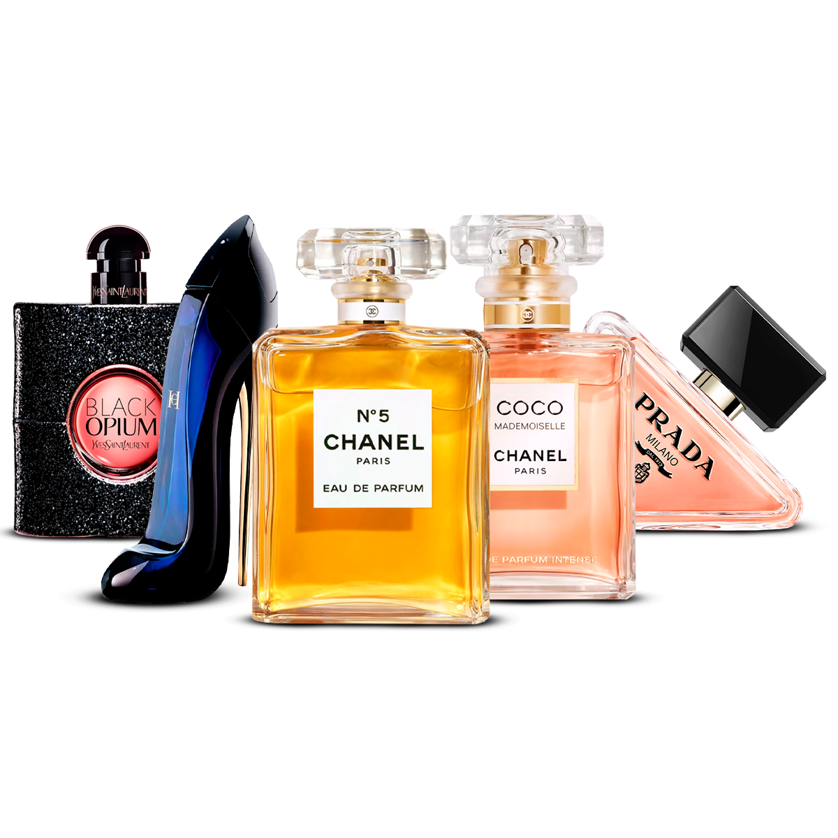 Kombinasjon av 5 dameparfymer – Black Opium, Good Girl, Chanel N°5, Coco Mademoiselle og Prada Paradoxe [100 ml hver]