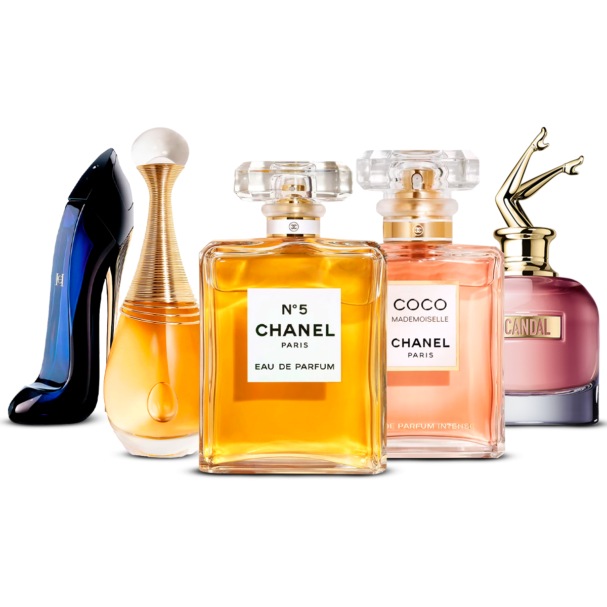 Kombinasjon av 5 dameparfymer – Good Girl, J'adore, Chanel Nº5, Coco Mademoiselle og Scandal [100 ml hver]