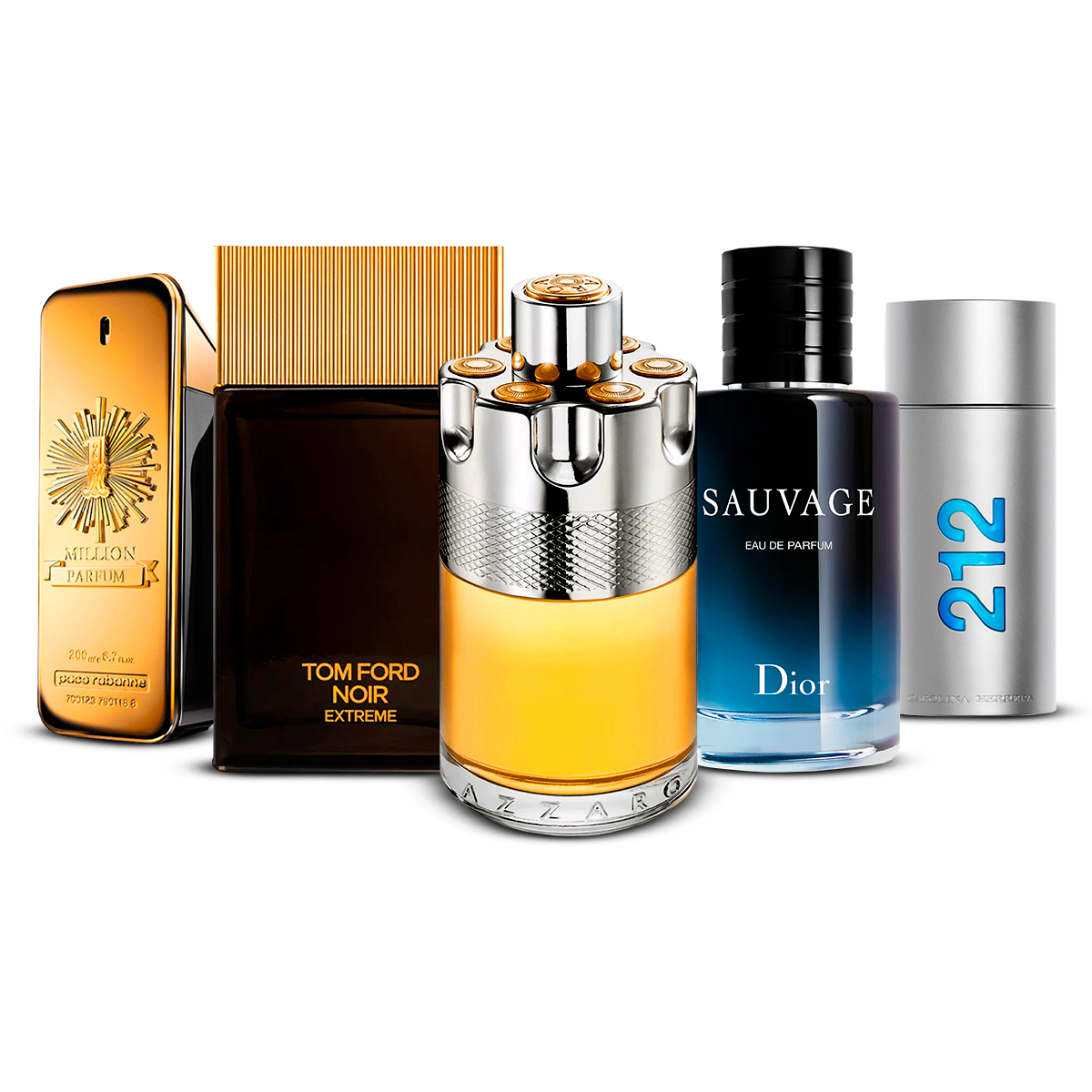 Kombinasjon av 5 herredufter – 1 Million, Tom Ford Noir Extrême, Azzaro Wanted, Sauvage og 212 Men [100 ml hver]