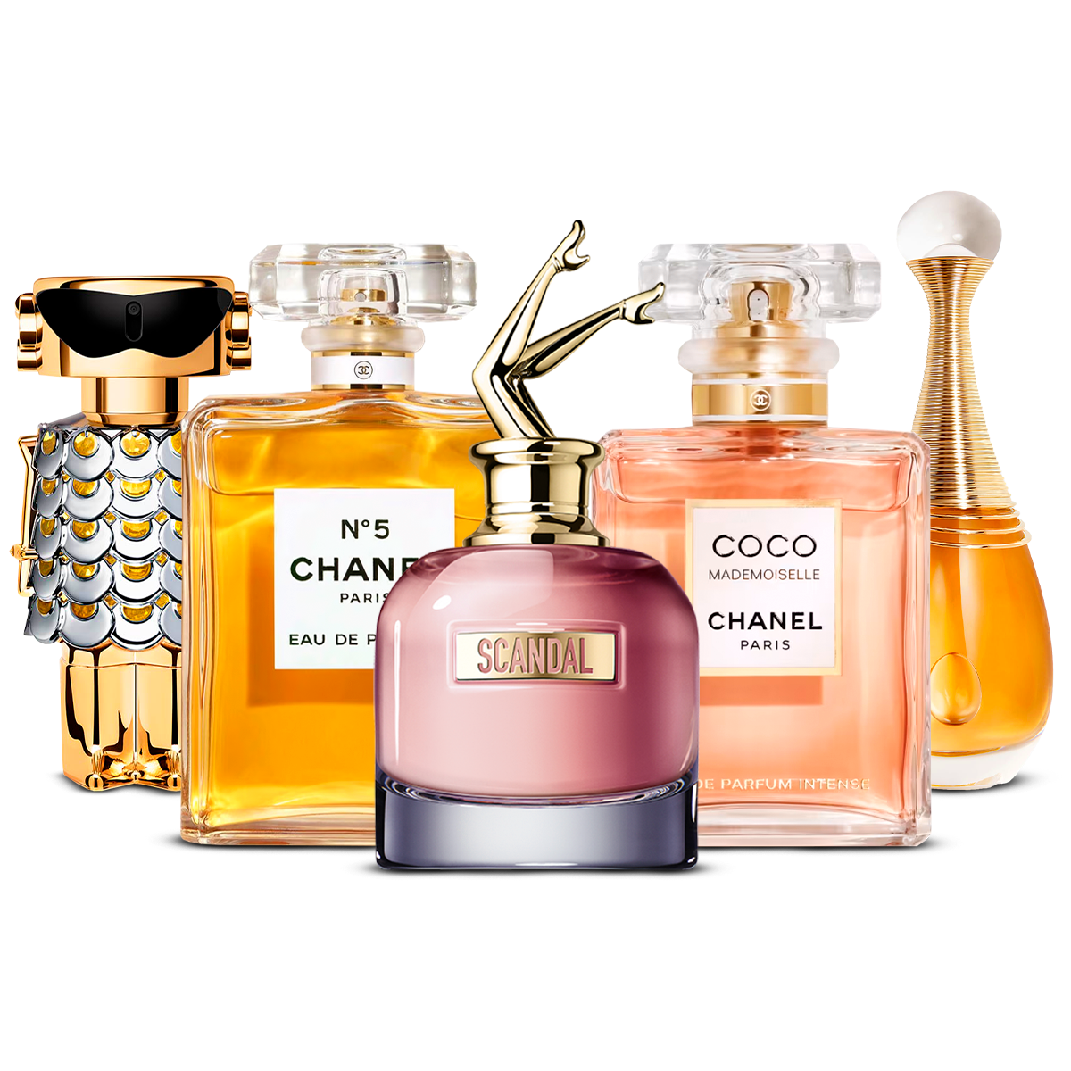 Combinaison de 5 parfums pour femmes – Fame, Chanel Nº5, Scandal, Coco Mademoiselle et J'adore [100 ml chacun]