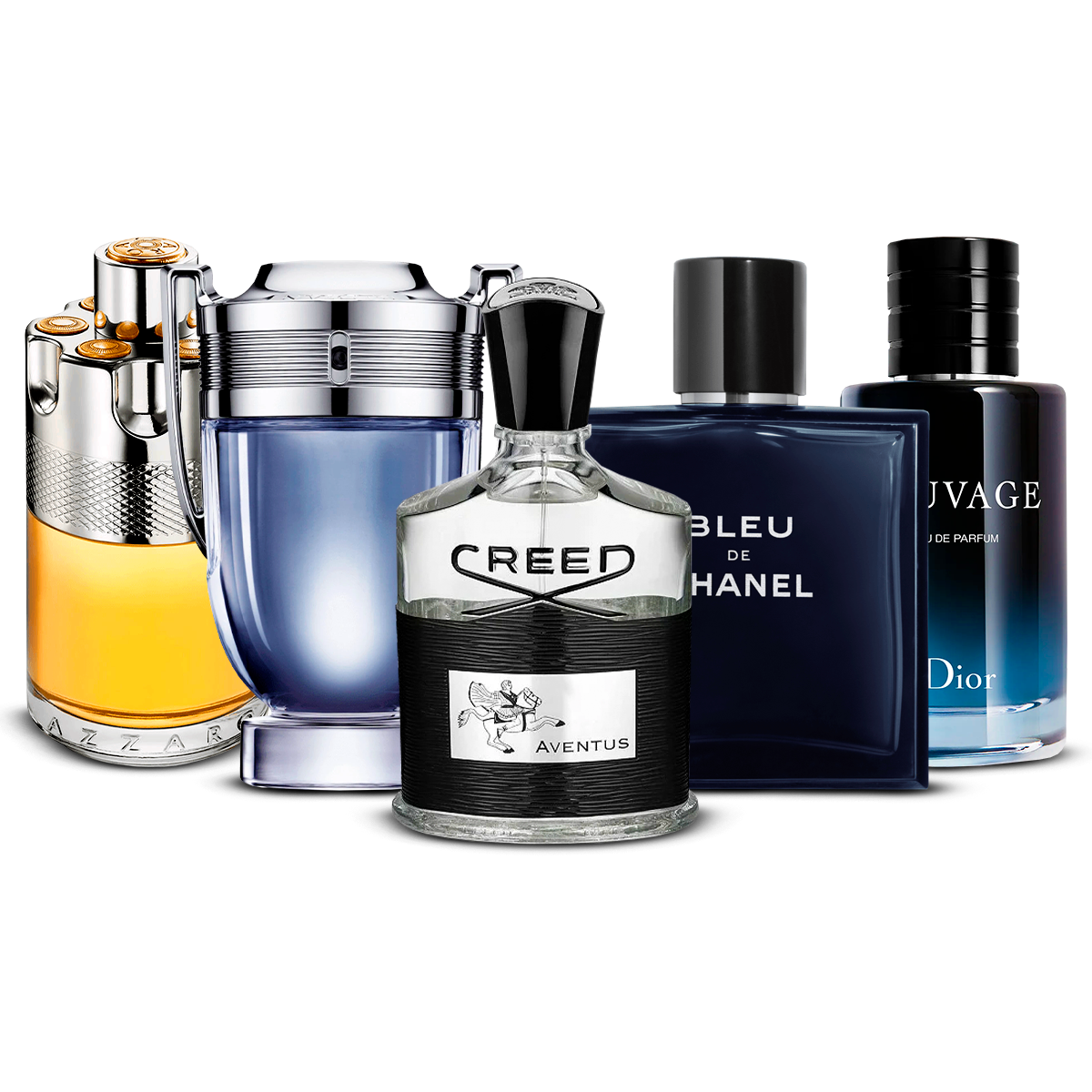 Kombinasjon av 5 herredufter – Azzaro Wanted, Invictus, Creed Aventus, Bleu de Chanel og Sauvage [100 ml hver]