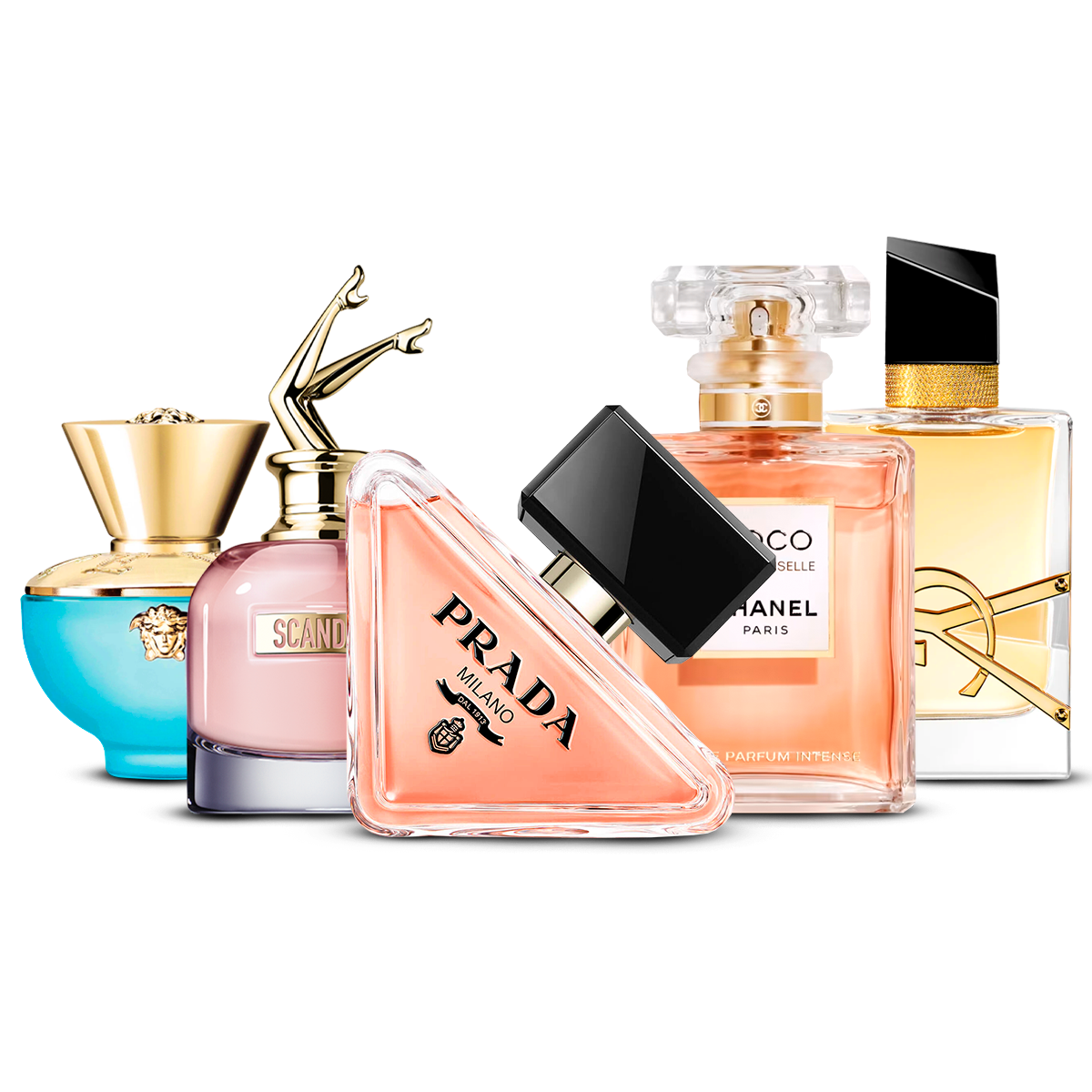 Kombination av 5 kvinnoparfymer – Versace Dylan Turquoise, Scandal, Prada Paradoxe, Coco Mademoiselle och Yves Saint Laurent Libre [100 ml vardera]