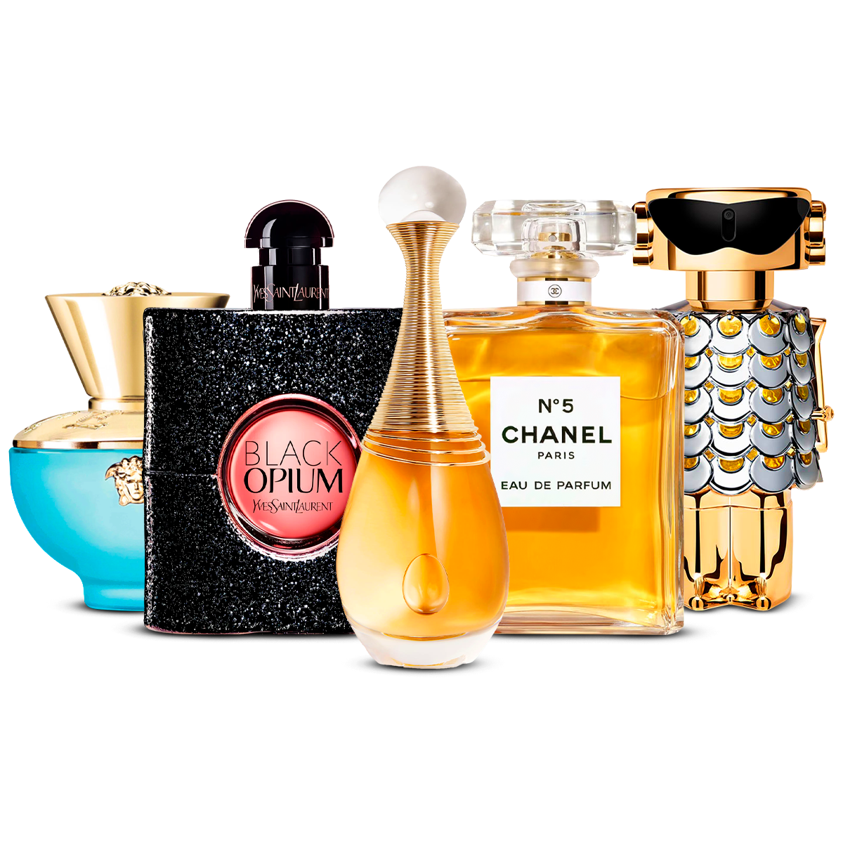 Kombinasjon av 5 dameparfymer – Versace Dylan Turquoise, Black Opium, J'adore, Chanel Nº5 og Fame [100 ml hver]