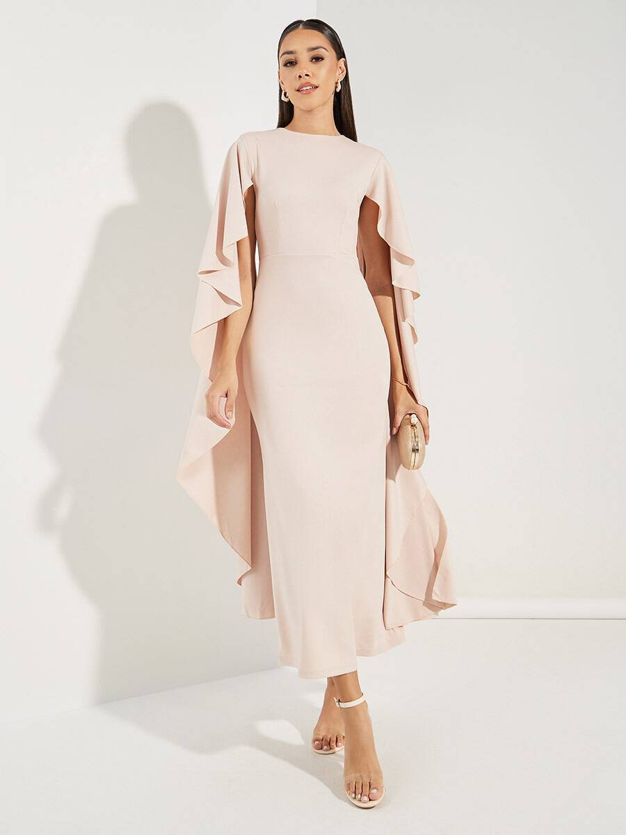 Rachel - Hellrosa Midikleid mit V-Ausschnitt und Chiffonärmeln