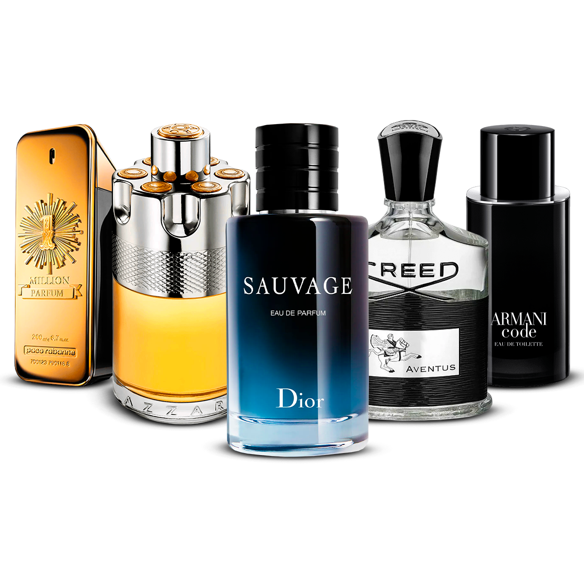 Kombinasjon av 5 herredufter – 1 Million, Azzaro Wanted, Sauvage, Creed Aventus og Armani Code [100 ml hver]