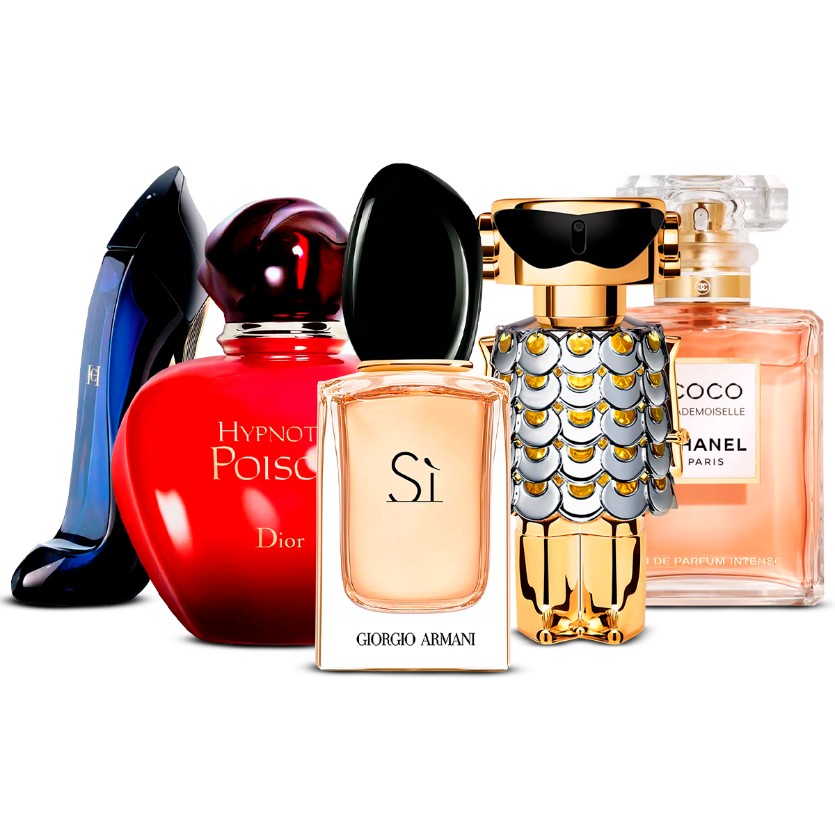 Kombinasjon av 5 dameparfymer – Good Girl, Hypnotic Poison, Sì, Fame og Coco Mademoiselle [100 ml hver]