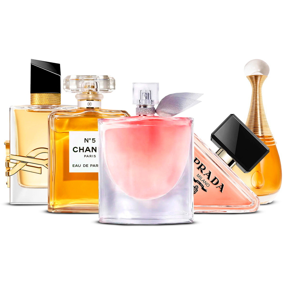 Kombination av 5 kvinnoparfymer – Yves Saint Laurent Libre, Chanel Nº5, La Vie Est Belle, Prada Paradoxe och J'adore [100 ml vardera]