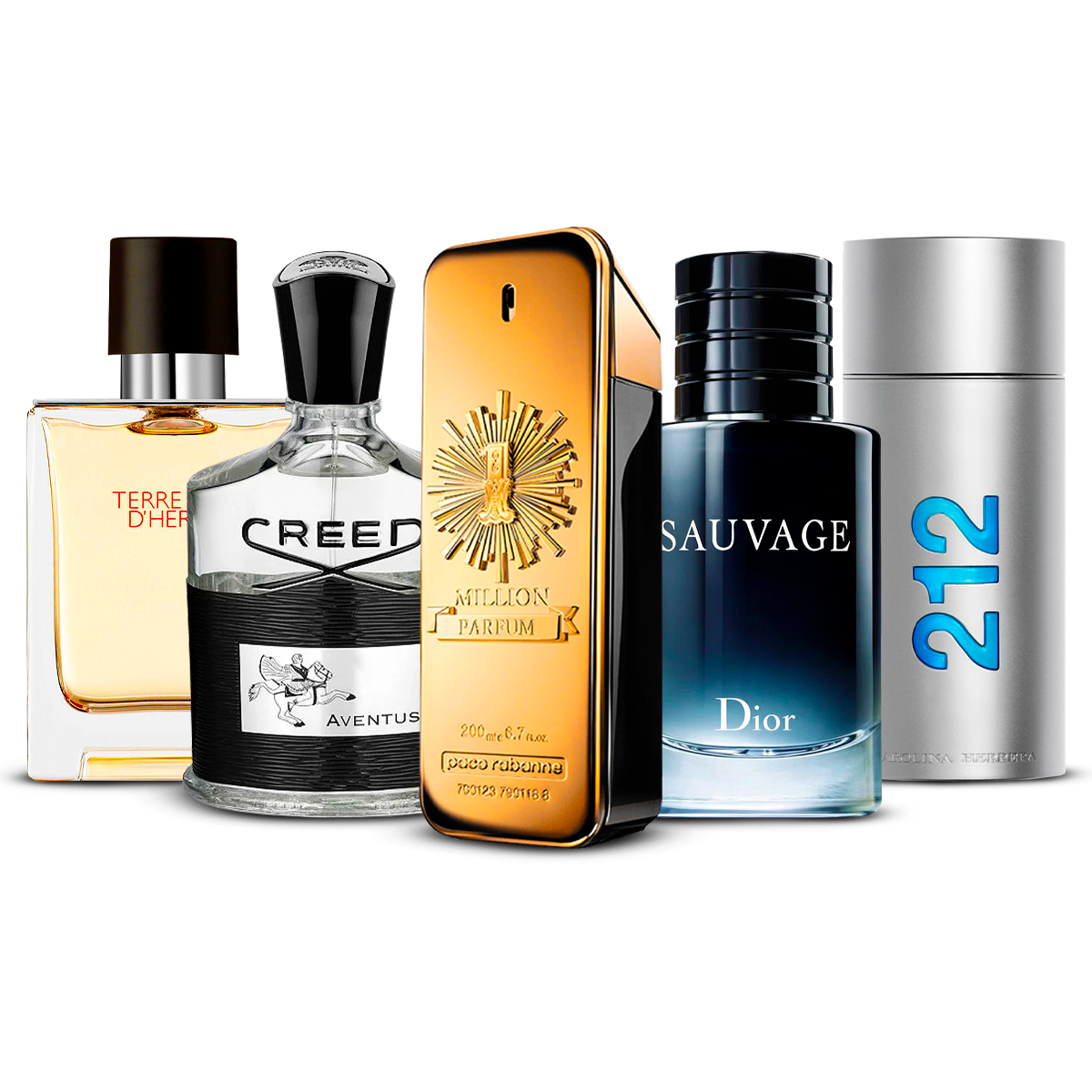 Kombinasjon av 5 herredufter – Terre d'Hermès, Creed Aventus, 1 Million, Sauvage og 212 Men [100 ml hver]