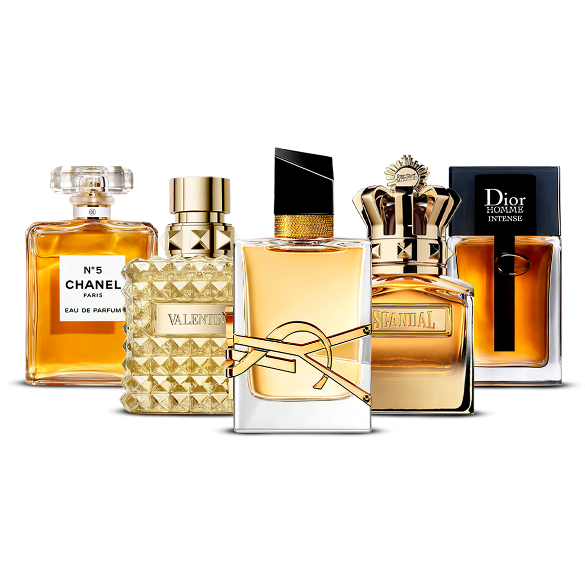 Combinaison de 5 parfums – Chanel Nº5, Valentino Uomo, Yves Saint Laurent Libre, Scandal Pour Homme et Dior Homme Intense [100 ml chacun]