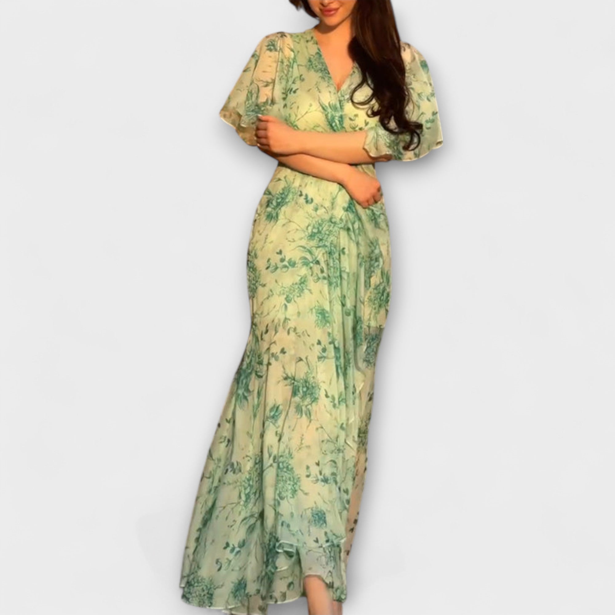 라나 - 스타일리시 플로럴 브이넥 드레스