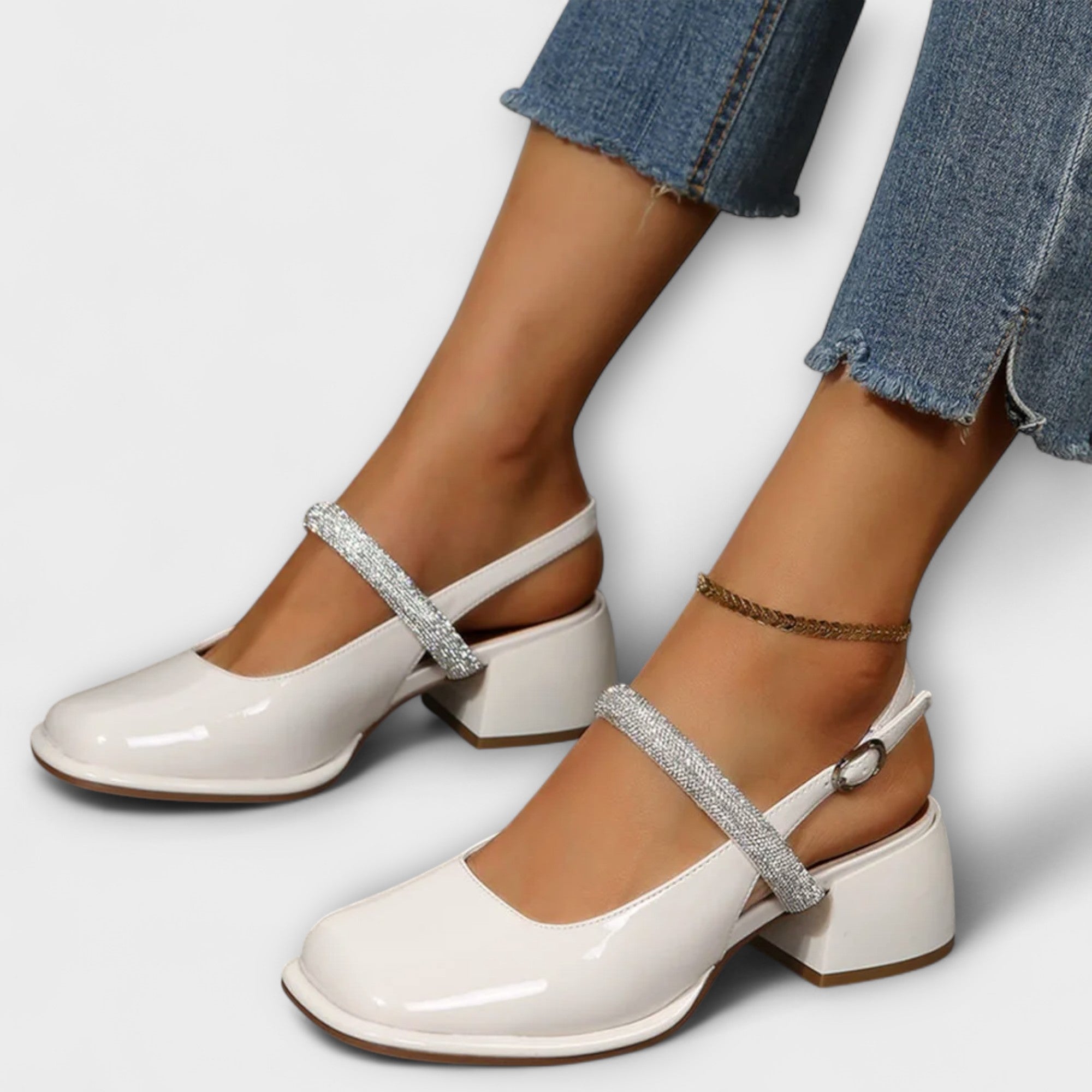 Celandra - baleriny Mary Jane z brokatowym paskiem i słupkowym obcasem