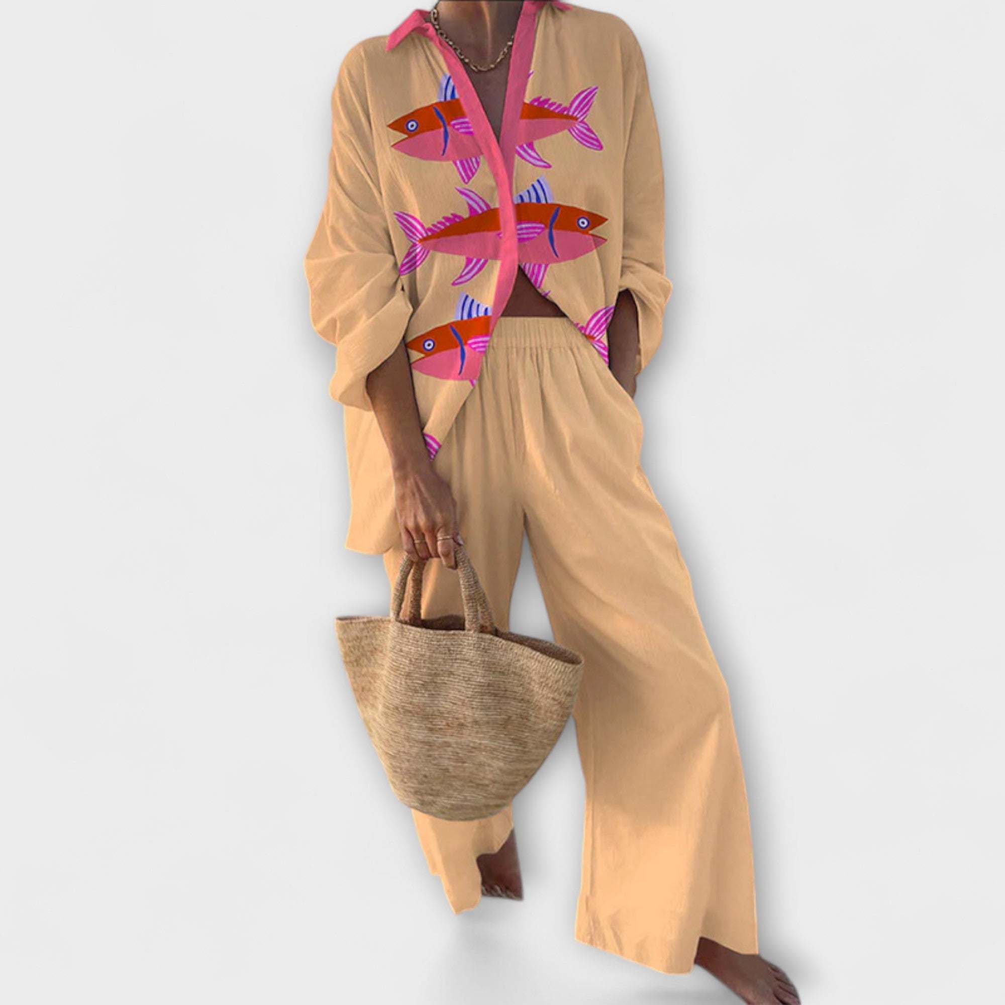 Evalisse – Costume en lin avec imprimé poisson