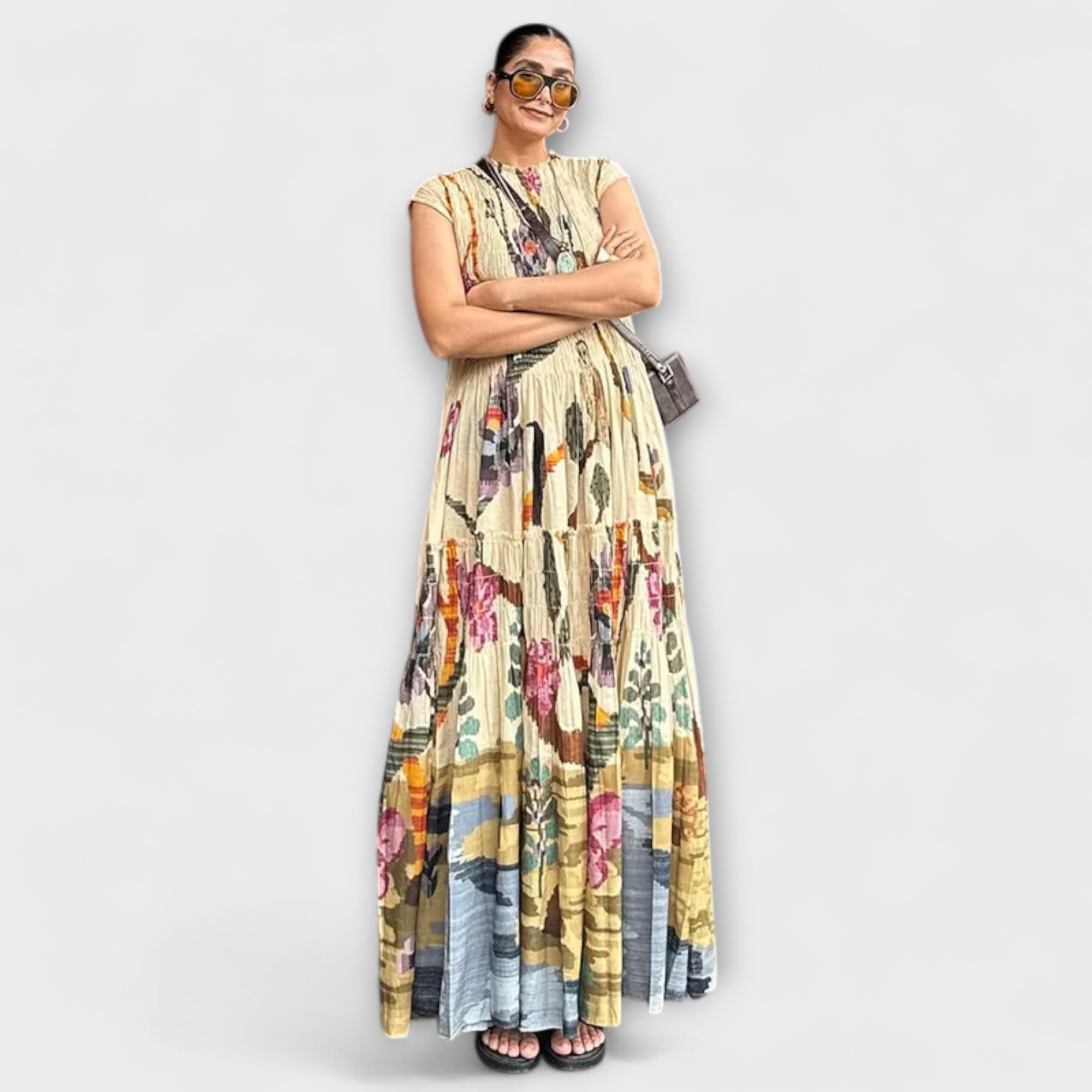 Vestido Elegante de Manga Comprida com Pregas