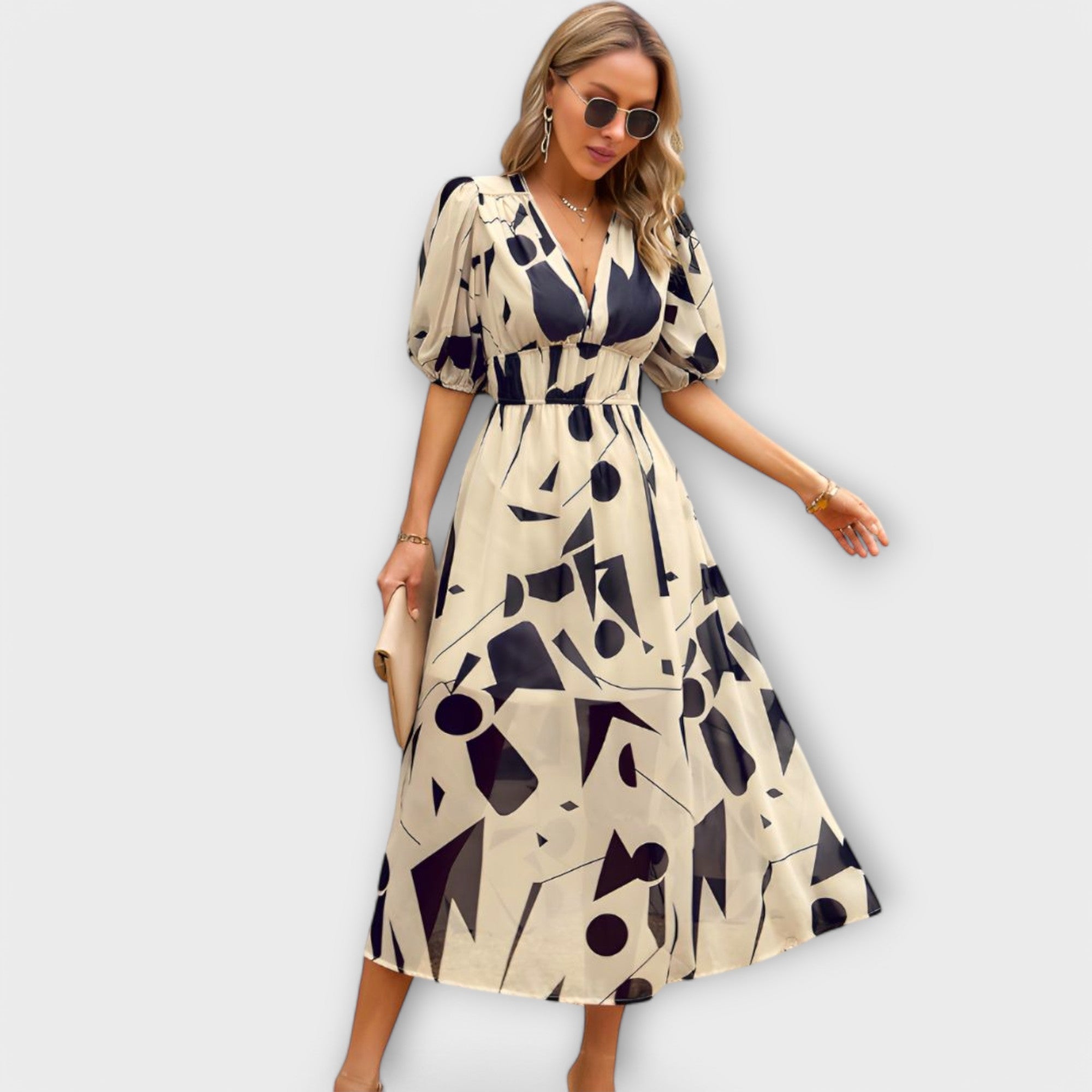 Robe Maxi Abstraite avec Manches Bouffantes